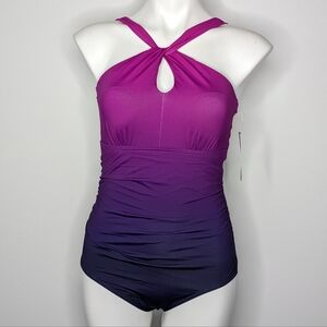 NWT Lands' End Purple Blue Ombre Keyhole One Piece Swimsuit 10/12